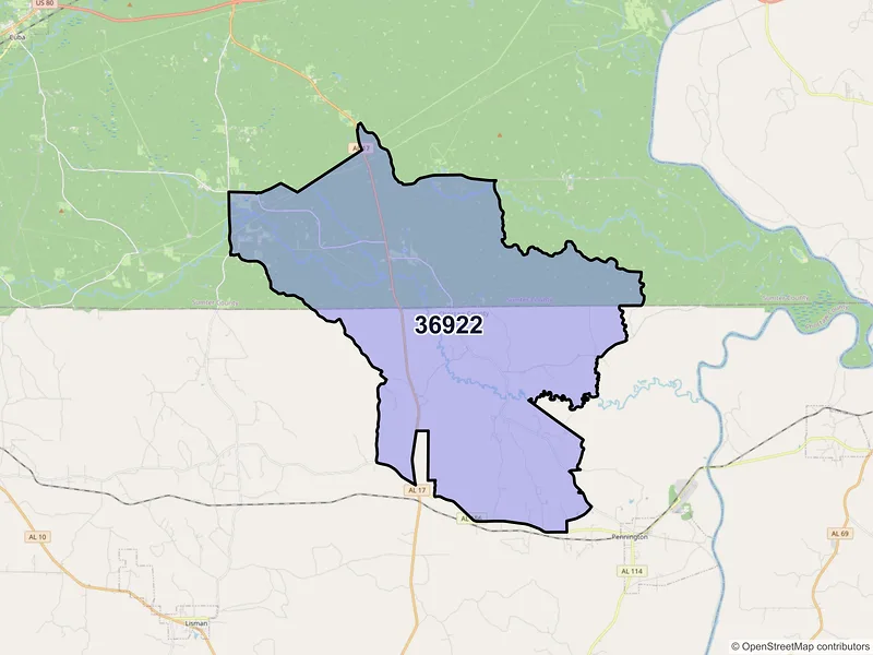 Map of ZIP Code 36922 — Ward, AL