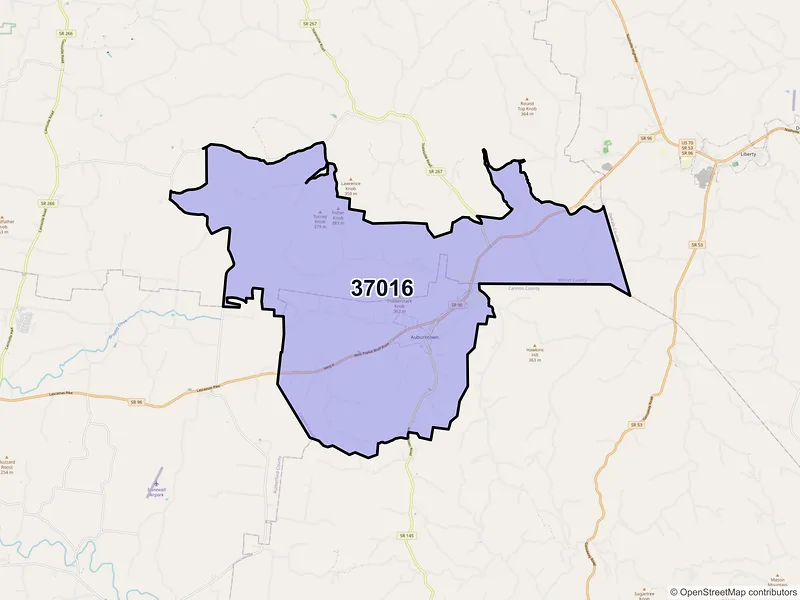 Map of ZIP Code 37016 — Auburntown, TN