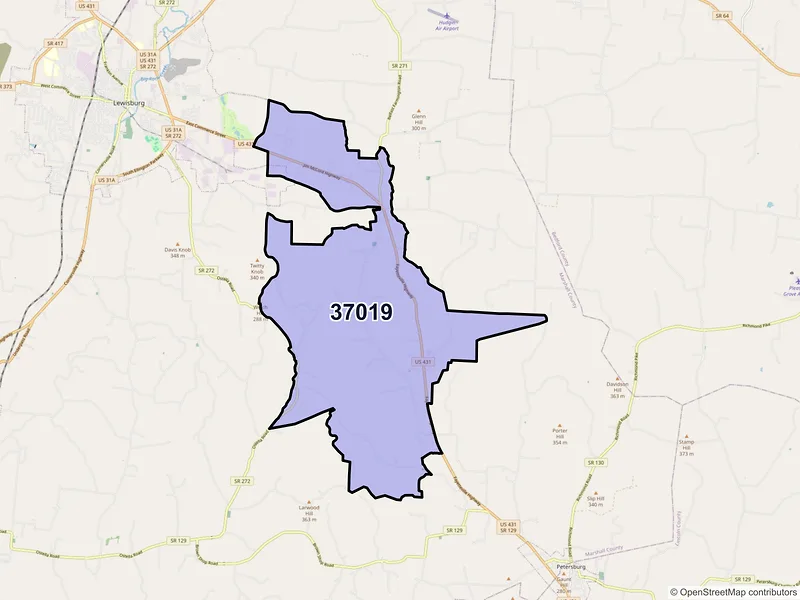 Map of ZIP Code 37019 — Belfast, TN