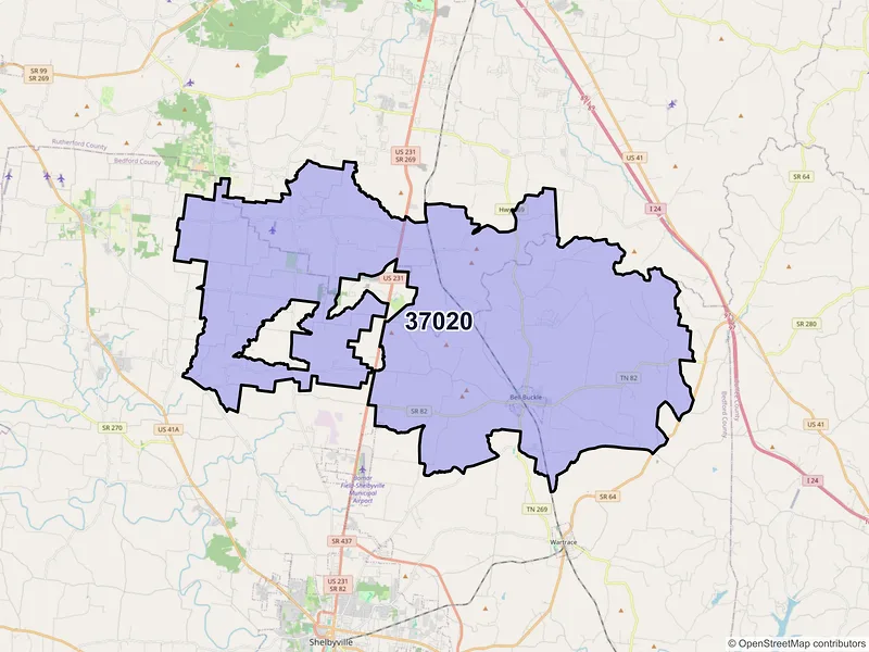 Map of ZIP Code 37020 — Bell Buckle, TN