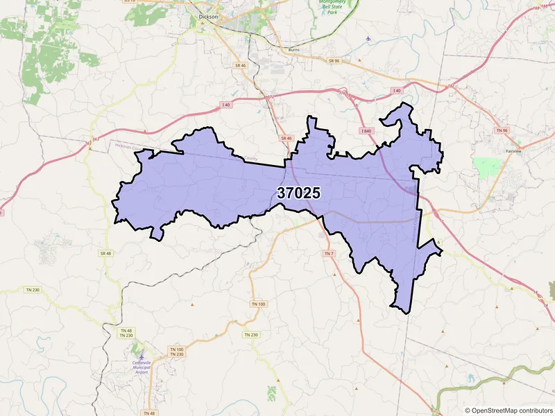 Map of ZIP Code 37025 — Bon Aqua, TN