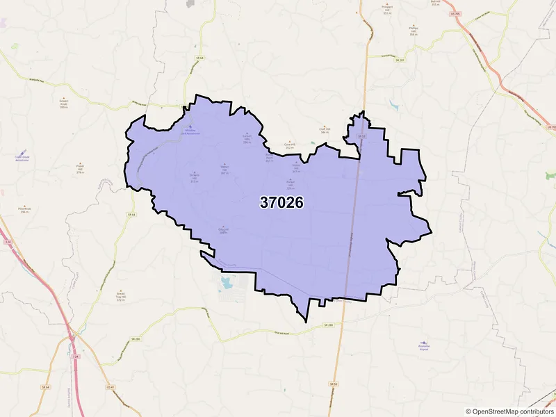 Map of ZIP Code 37026 — Bradyville, TN