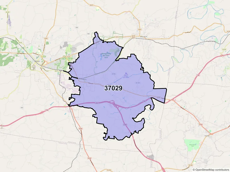 Map of Burns, Tennessee and ZIP codes