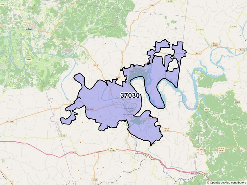 Map of ZIP Code 37030 — Carthage, TN