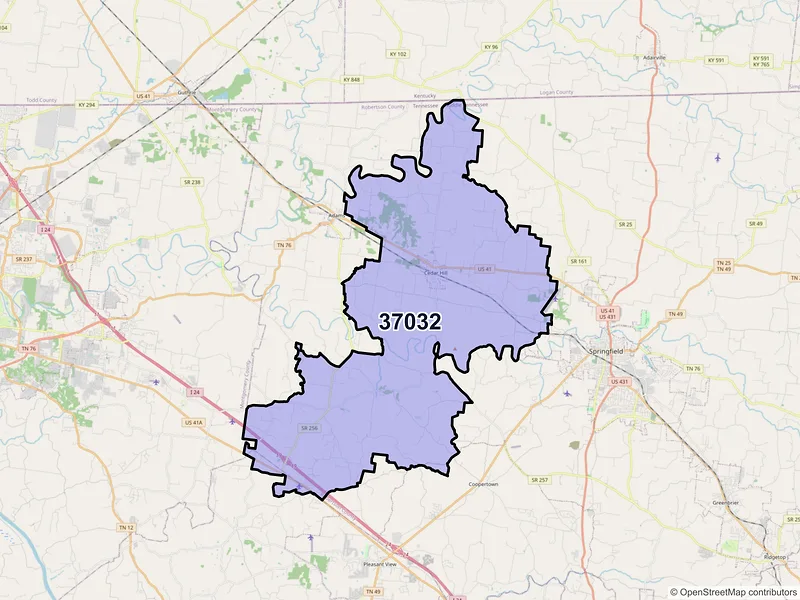 Map of ZIP Code 37032 — Cedar Hill, TN