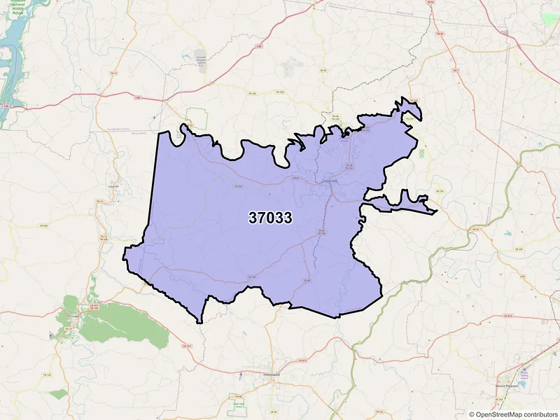 Map of ZIP Code 37033 — Centerville, TN