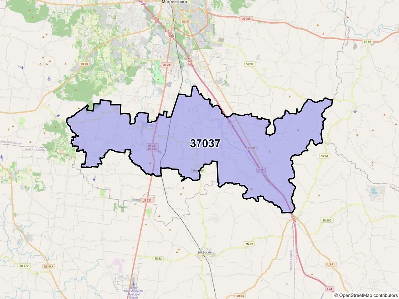 Map of ZIP Code 37037 — Christiana, TN