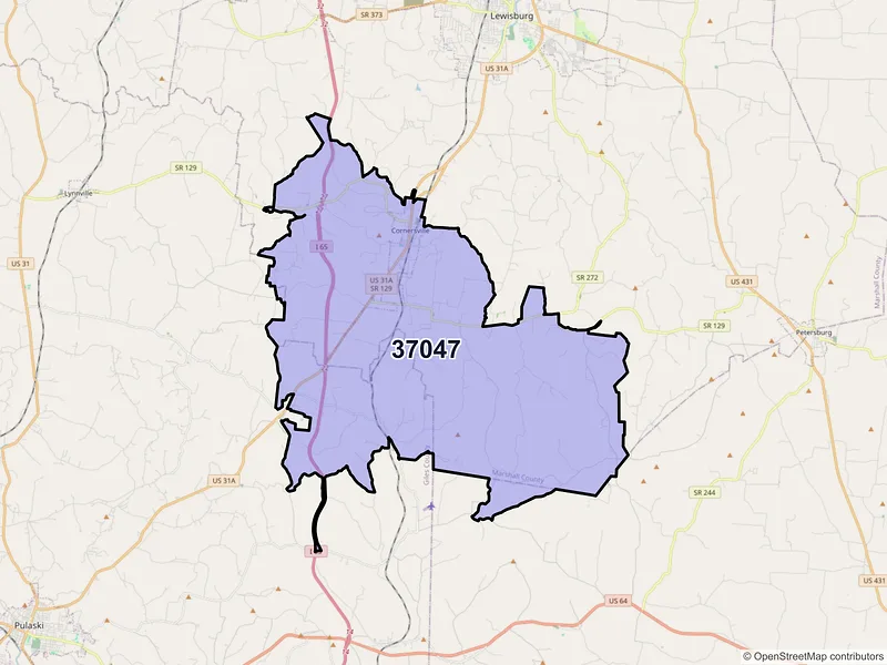 Map of Cornersville, Tennessee and ZIP codes