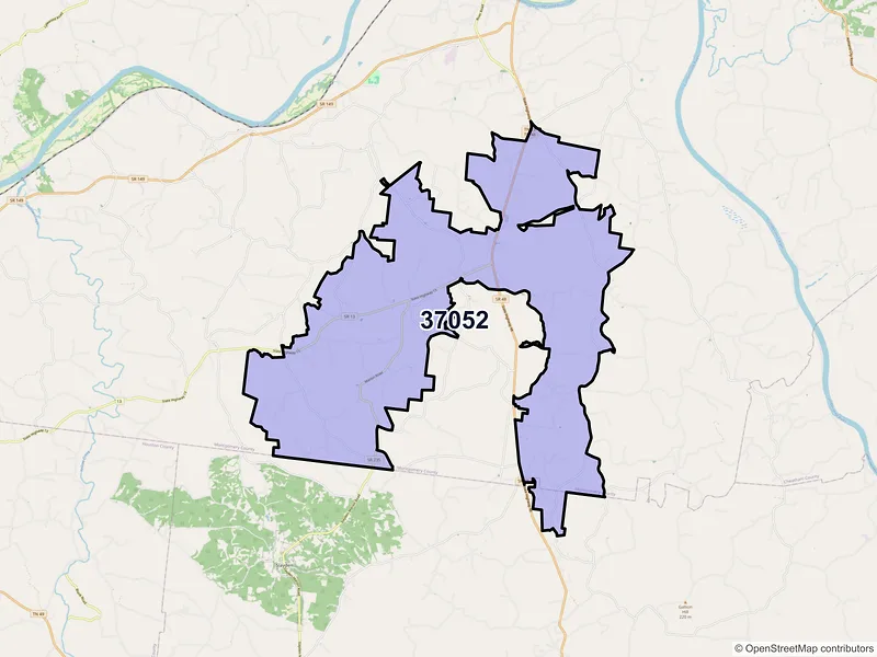 Map of ZIP Code 37052 — Cunningham, TN