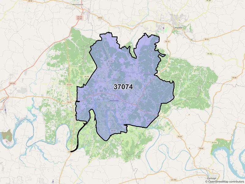 Map of ZIP Code 37074 — Hartsville, TN