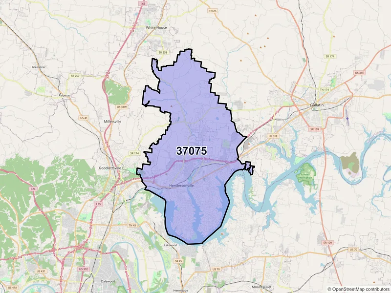 Map of ZIP Code 37075 — Hendersonville, TN