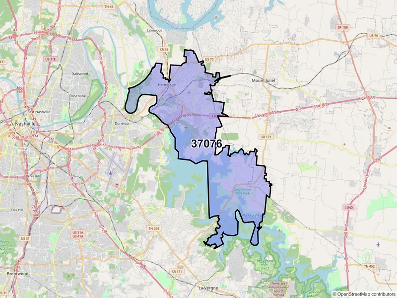 Map of Hermitage, Tennessee and ZIP codes