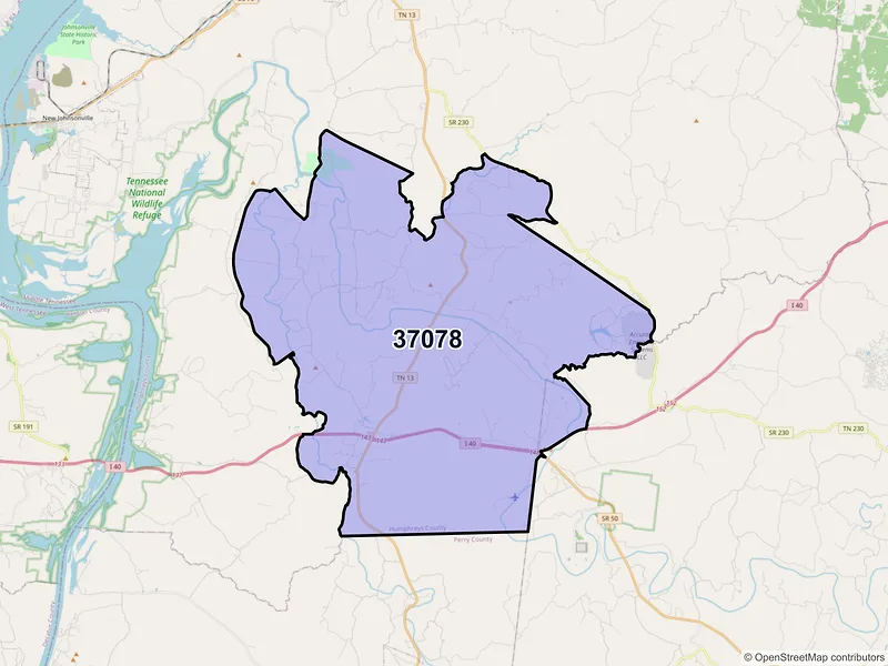 Map of ZIP Code 37078 — Hurricane Mills, TN