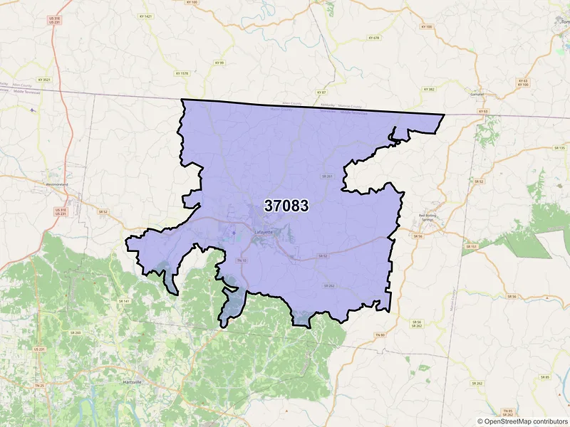 Map of ZIP Code 37083 — Lafayette, TN
