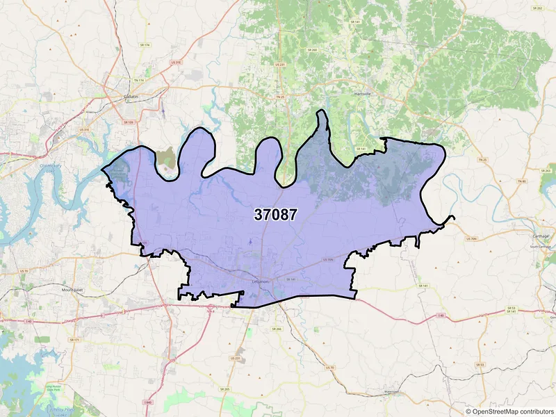 Map of ZIP Code 37087 — Lebanon, TN