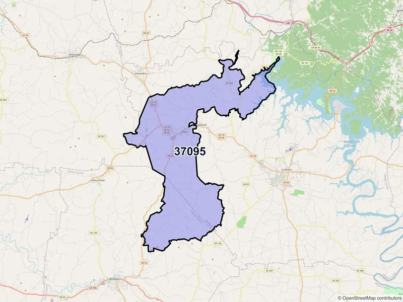 Map of ZIP Code 37095 — Liberty, TN