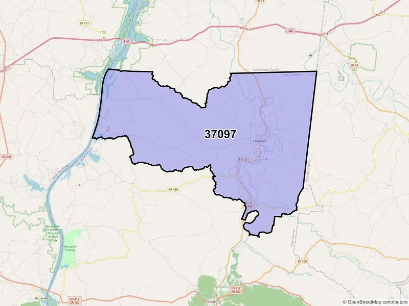 Map of ZIP Code 37097 — Lobelville, TN