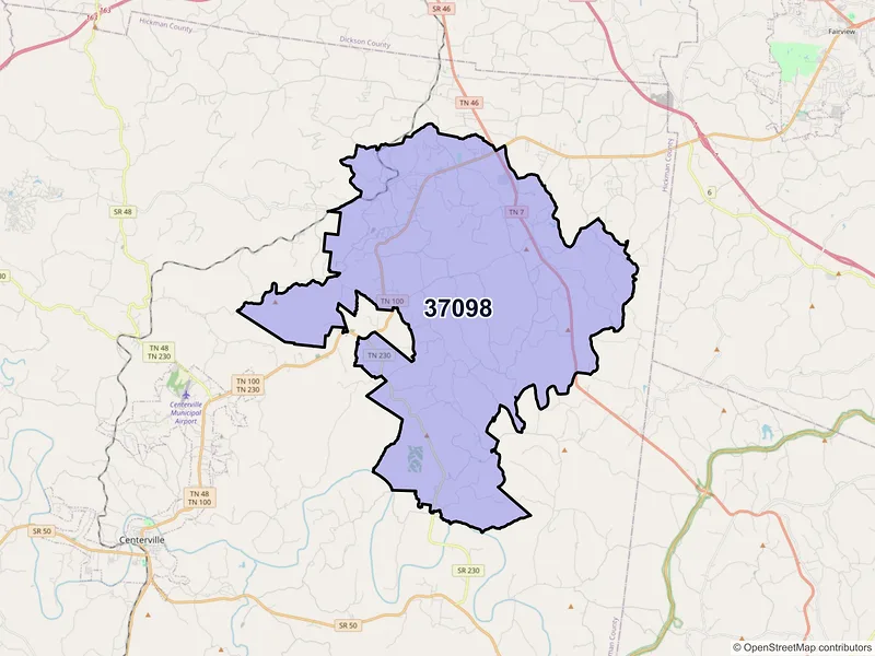 Map of ZIP Code 37098 — Lyles, TN