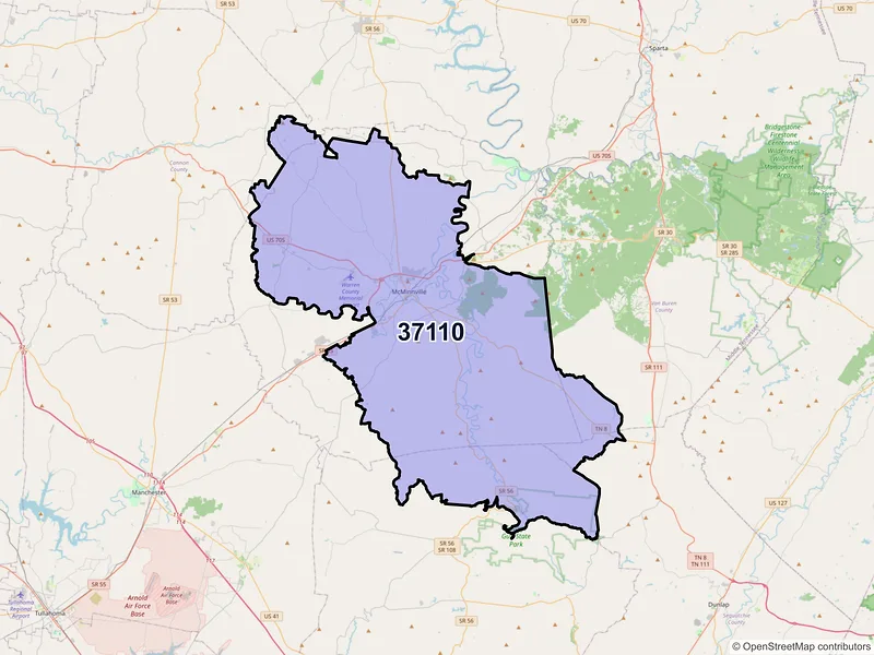 Map of ZIP Code 37110 — Mcminnville, TN