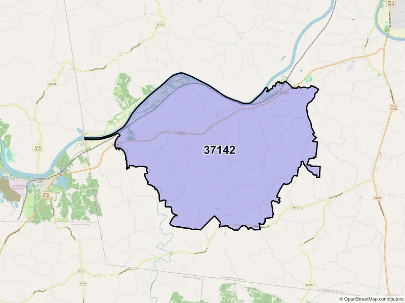 Map of ZIP Code 37142 — Palmyra, TN
