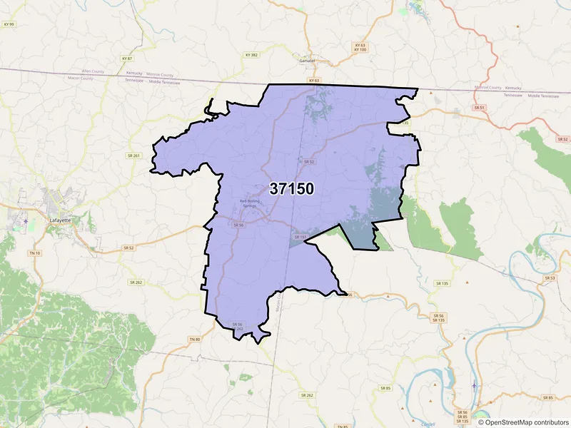 Map of ZIP Code 37150 — Red Boiling Springs, TN