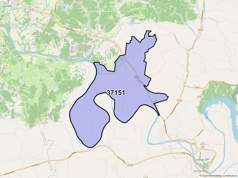 Map of ZIP Code 37151 — Riddleton, TN