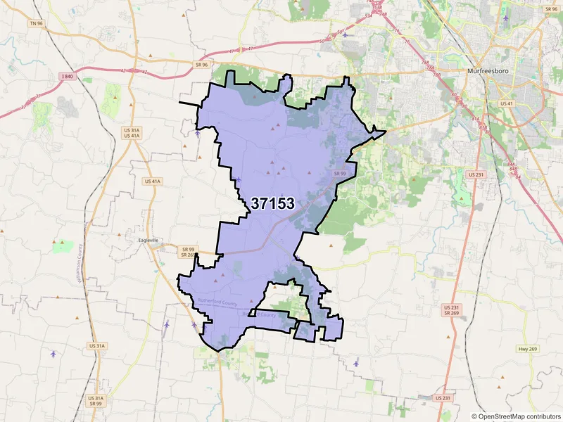 Map of ZIP Code 37153 — Rockvale, TN