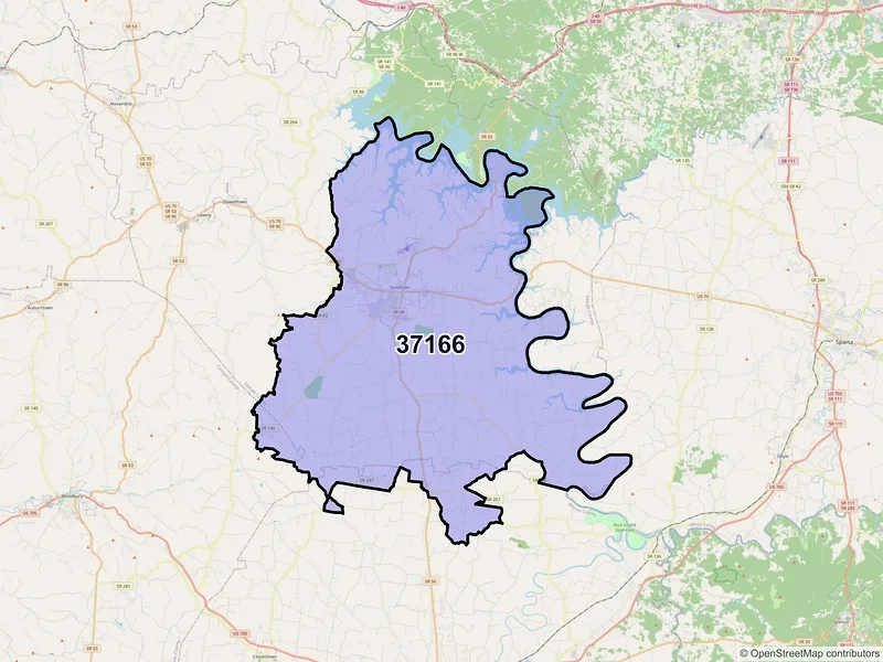Map of ZIP Code 37166 — Smithville, TN