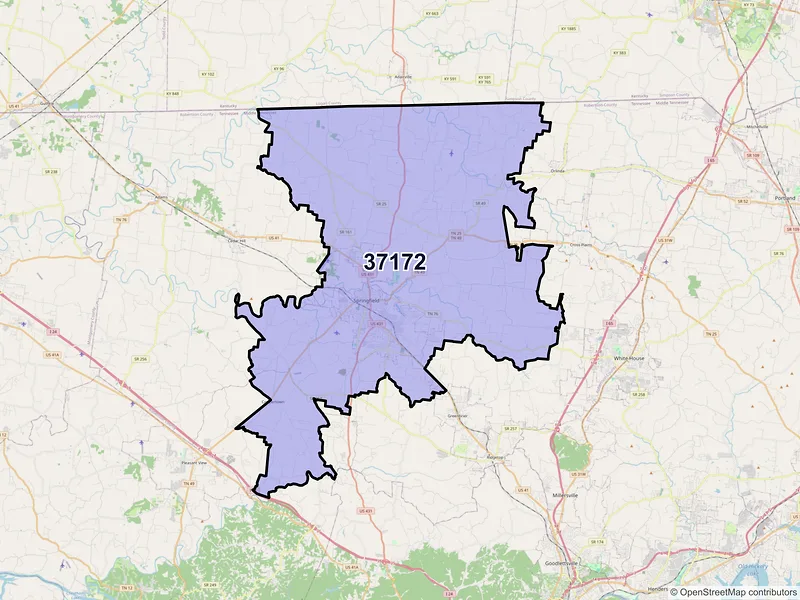 Map of ZIP Code 37172 — Springfield, TN