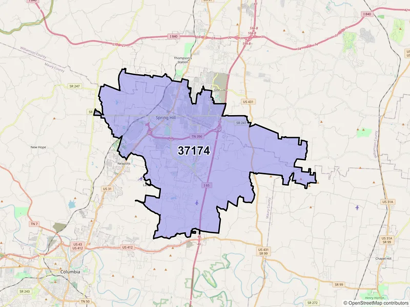Map of ZIP Code 37174 — Spring Hill, TN