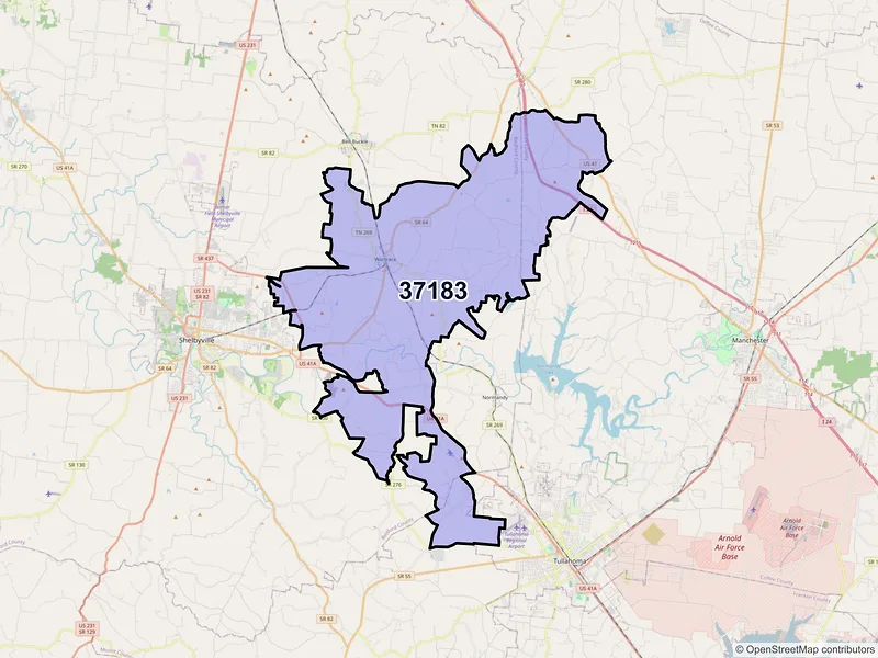 Map of ZIP Code 37183 — Wartrace, TN