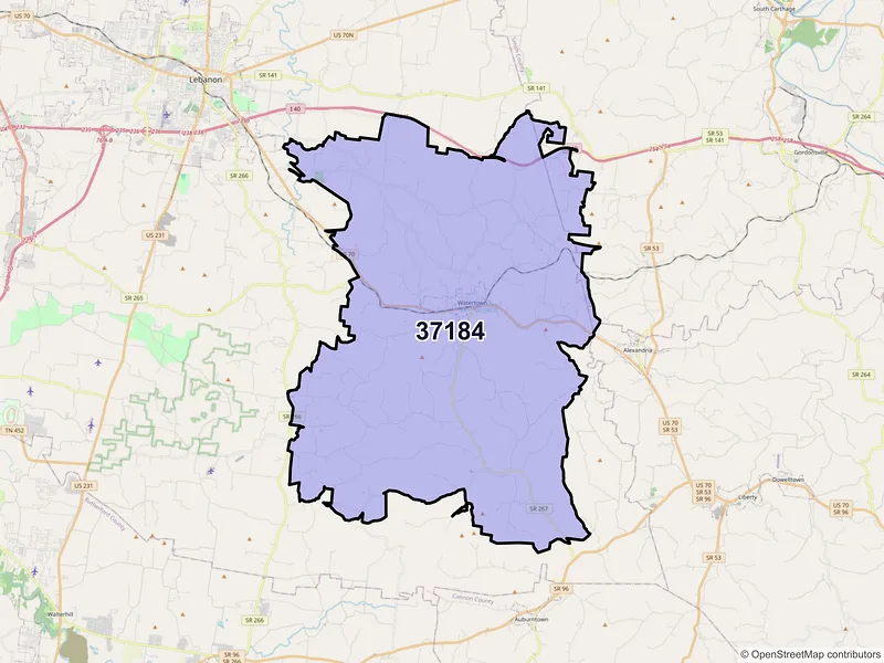 Map of Watertown, Tennessee and ZIP codes