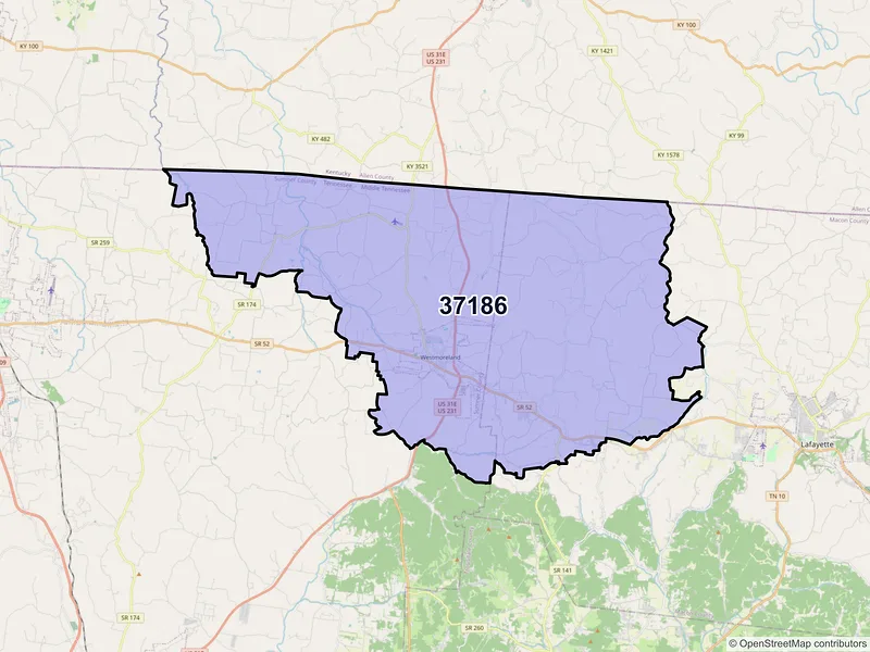 Map of Westmoreland, Tennessee and ZIP codes