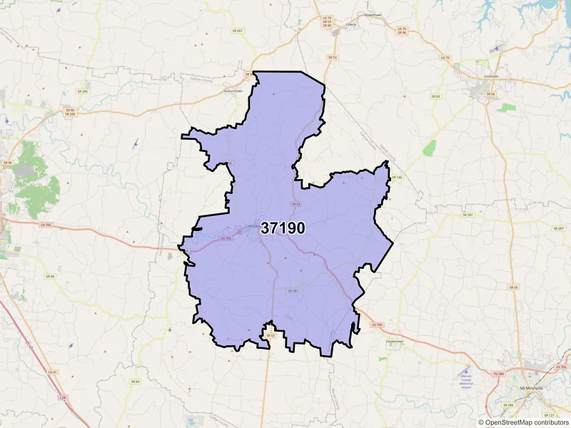 Map of ZIP Code 37190 — Woodbury, TN