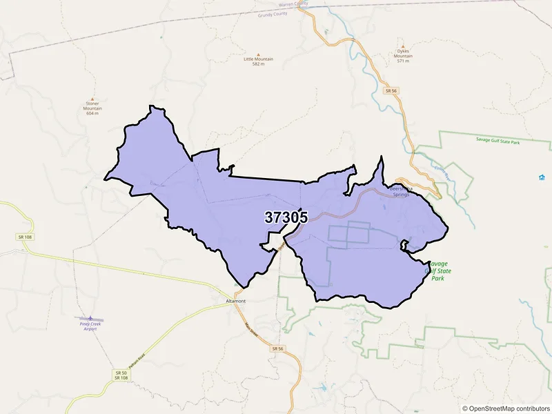 Map of ZIP Code 37305 — Beersheba Springs, TN