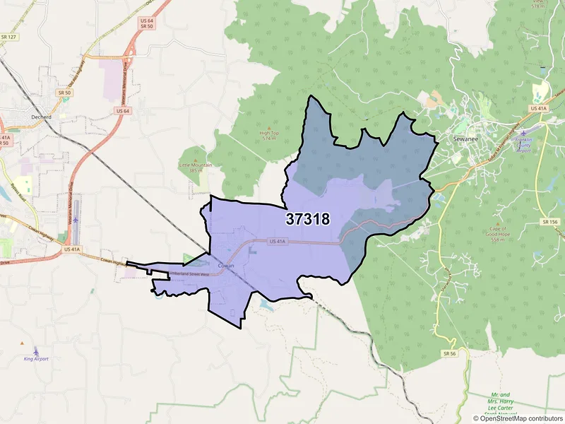 Map of ZIP Code 37318 — Cowan, TN