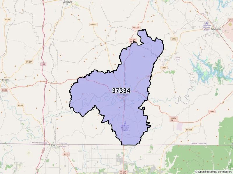 Map of ZIP Code 37334 — Fayetteville, TN