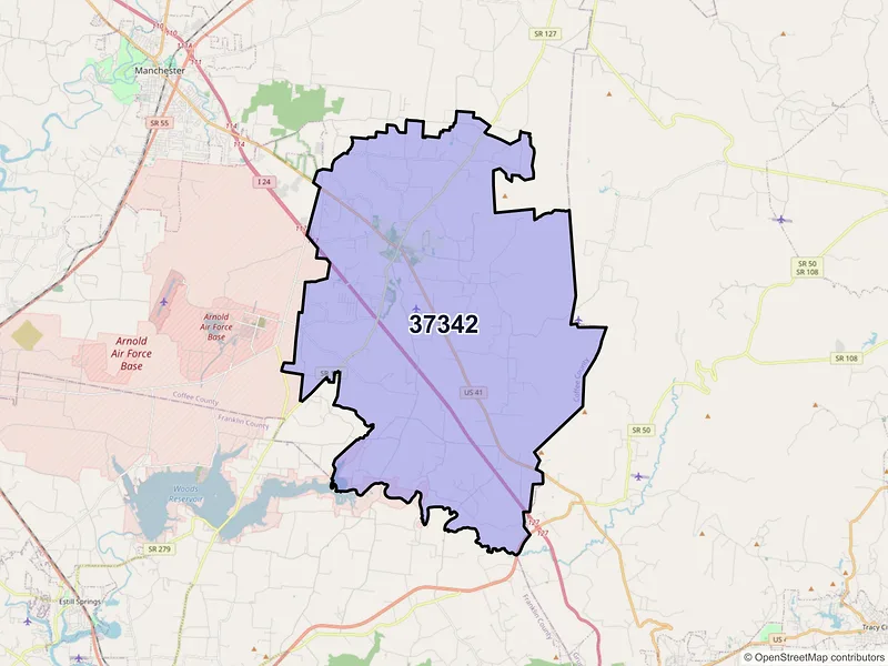 Map of ZIP Code 37342 — Hillsboro, TN