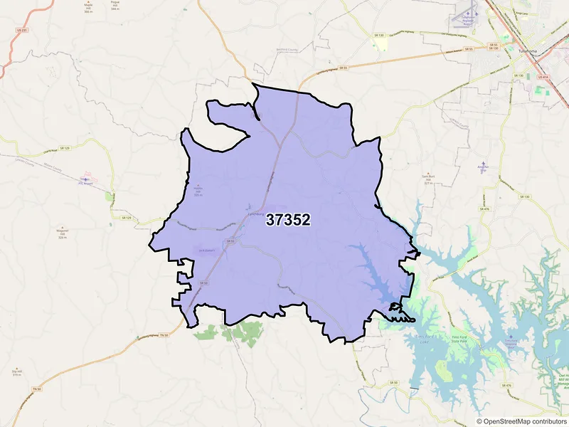 Map of Lynchburg, Tennessee and ZIP codes