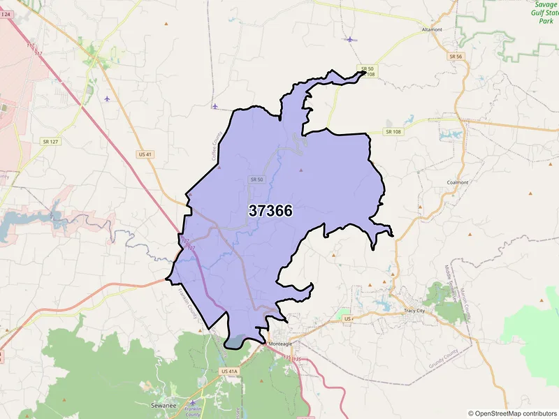 Map of ZIP Code 37366 — Pelham, TN