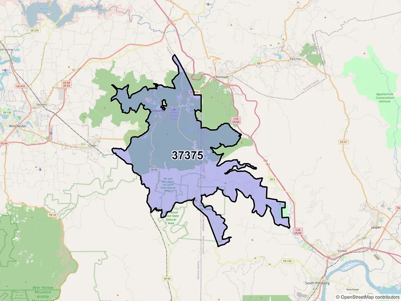 Map of ZIP Code 37375 — Sewanee, TN