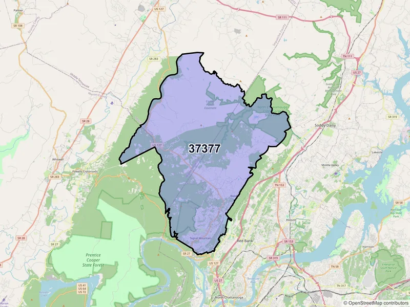 Map of ZIP Code 37377 — Signal Mountain, TN