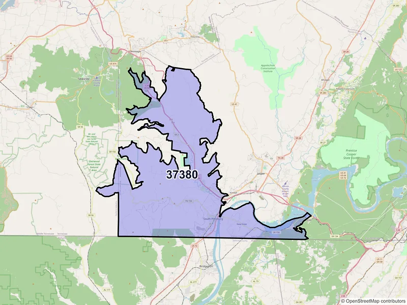 Map of ZIP Code 37380 — South Pittsburg, TN