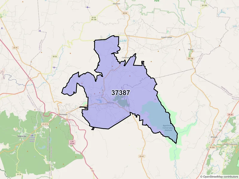 Map of ZIP Code 37387 — Tracy City, TN