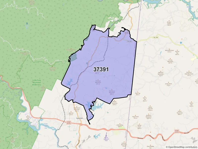 Map of Turtletown, Tennessee and ZIP codes