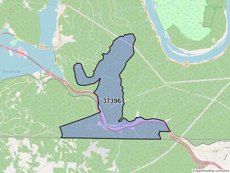 Map of ZIP Code 37396 — Whiteside, TN