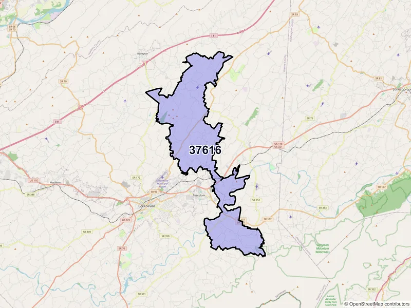 Map of ZIP Code 37616 — Afton, TN