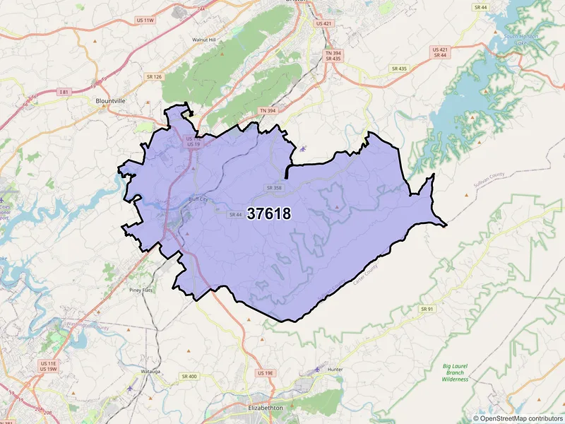Map of Bluff City, Tennessee and ZIP codes