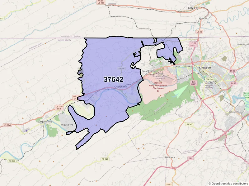Map of Church Hill, Tennessee and ZIP codes