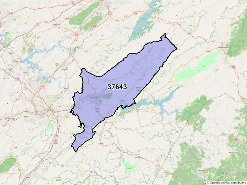 Map of ZIP Code 37643 — Elizabethton, TN